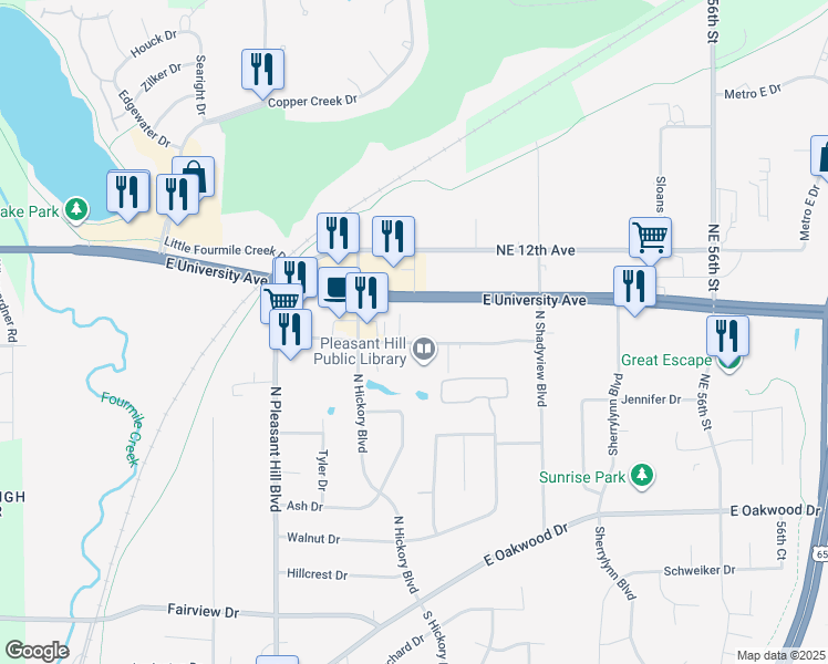 map of restaurants, bars, coffee shops, grocery stores, and more near 5050 Maple Drive in Pleasant Hill
