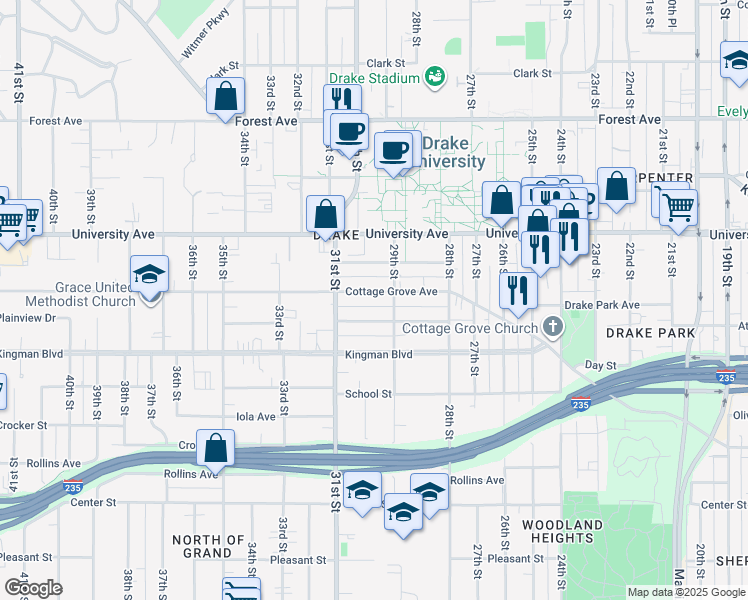 map of restaurants, bars, coffee shops, grocery stores, and more near 2900 Cottage Grove Avenue in Des Moines