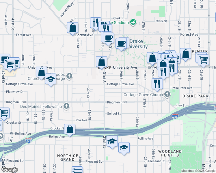 map of restaurants, bars, coffee shops, grocery stores, and more near 2935 Rutland Avenue in Des Moines