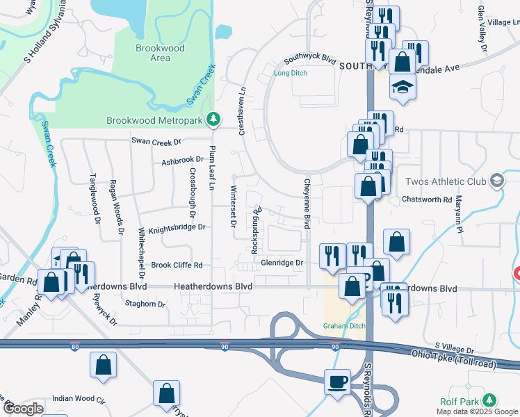 map of restaurants, bars, coffee shops, grocery stores, and more near 2266 Rockspring Road in Toledo