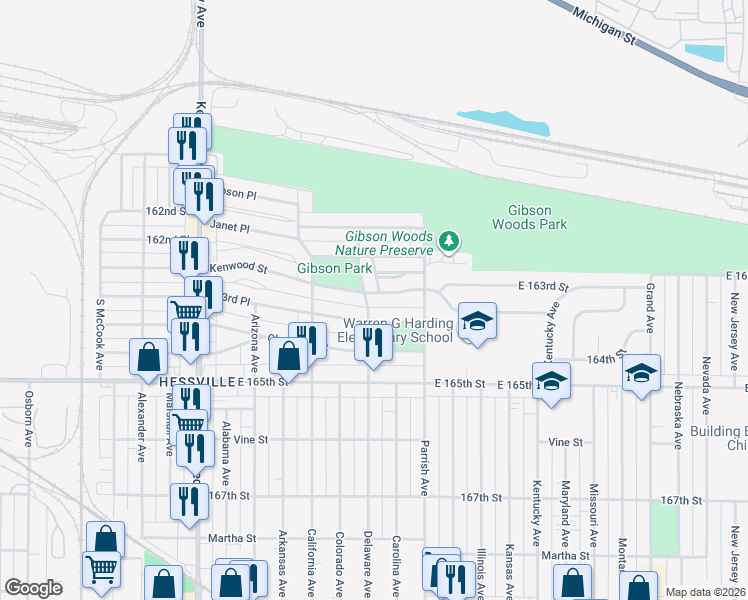 map of restaurants, bars, coffee shops, grocery stores, and more near 6300-6328 Delaware Ave in Hammond