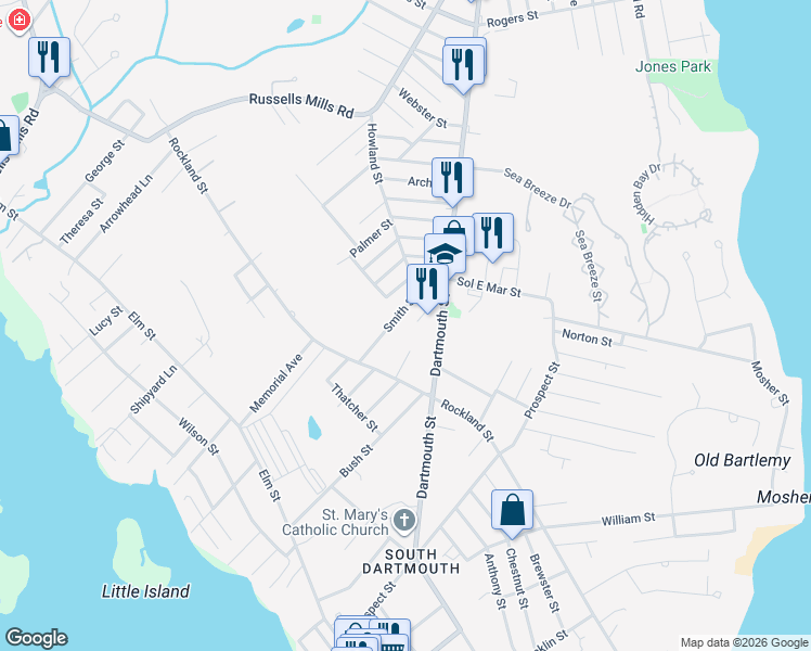map of restaurants, bars, coffee shops, grocery stores, and more near 52 Smith Street in Dartmouth