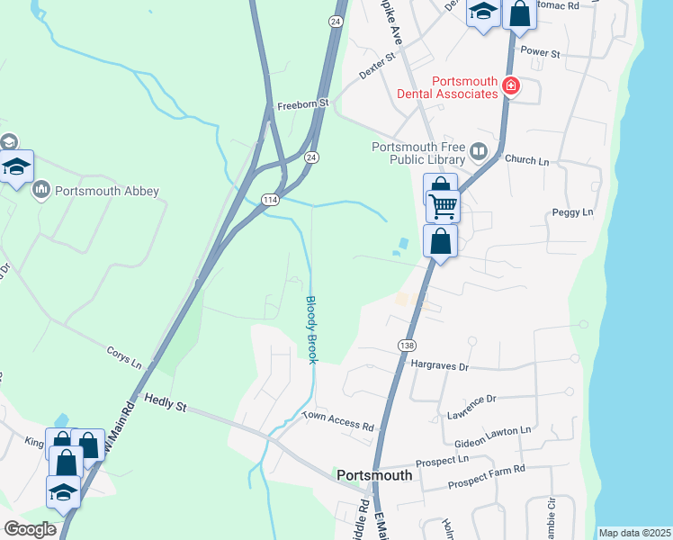 map of restaurants, bars, coffee shops, grocery stores, and more near 125 Quaker Hill Lane in Portsmouth