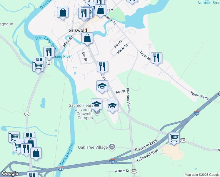 map of restaurants, bars, coffee shops, grocery stores, and more near 211 Slater Avenue in Griswold