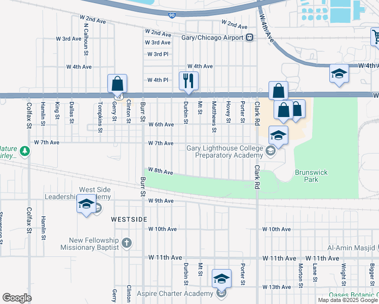 map of restaurants, bars, coffee shops, grocery stores, and more near 721 Durbin Street in Gary