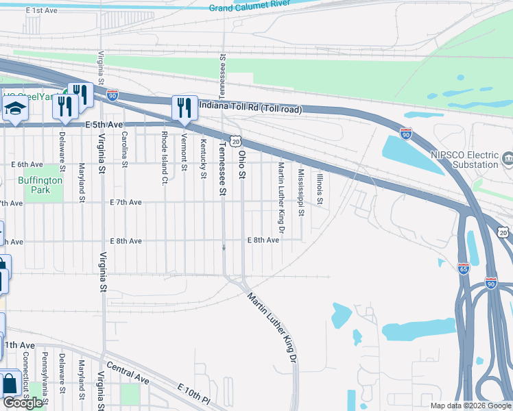 map of restaurants, bars, coffee shops, grocery stores, and more near 721 Louisiana Street in Gary