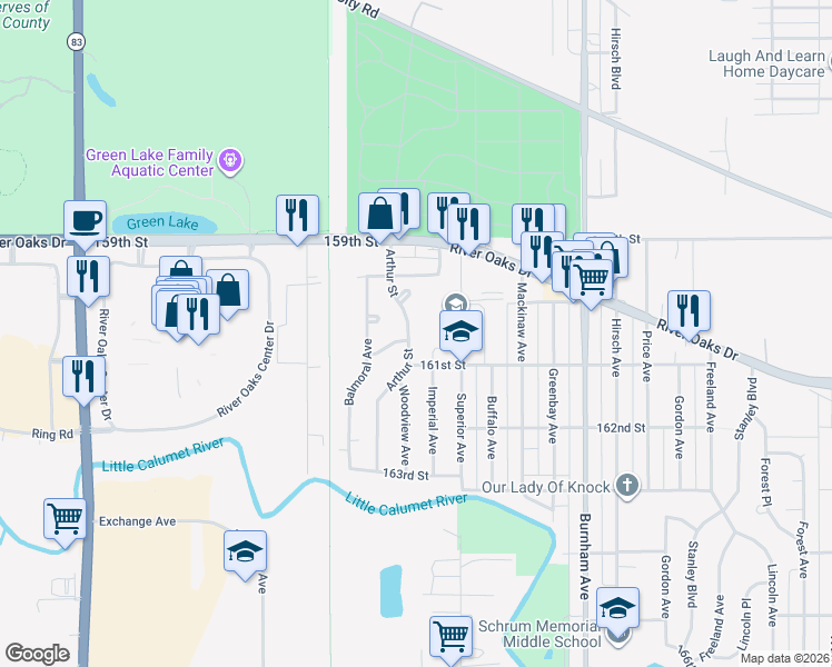 map of restaurants, bars, coffee shops, grocery stores, and more near 1269 Arthur Street in Calumet City
