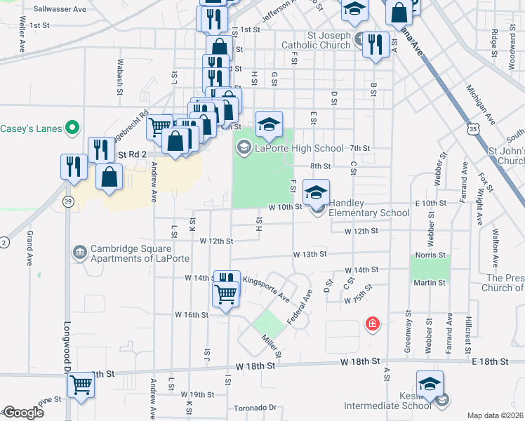 map of restaurants, bars, coffee shops, grocery stores, and more near 714 West 10th Street in La Porte