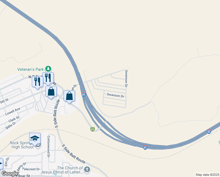 map of restaurants, bars, coffee shops, grocery stores, and more near Swanson Drive in Rock Springs