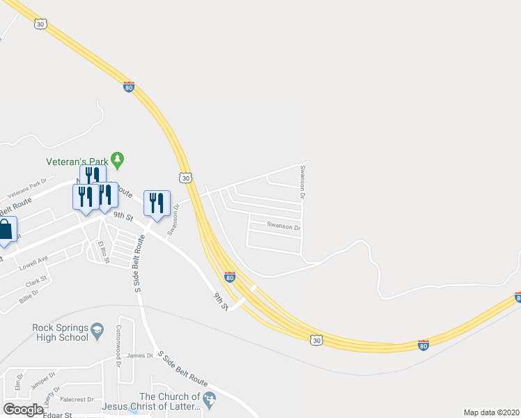 map of restaurants, bars, coffee shops, grocery stores, and more near Swanson Drive in Rock Springs