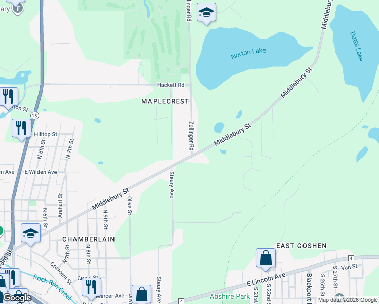 map of restaurants, bars, coffee shops, grocery stores, and more near 801 Zollinger Road in Goshen