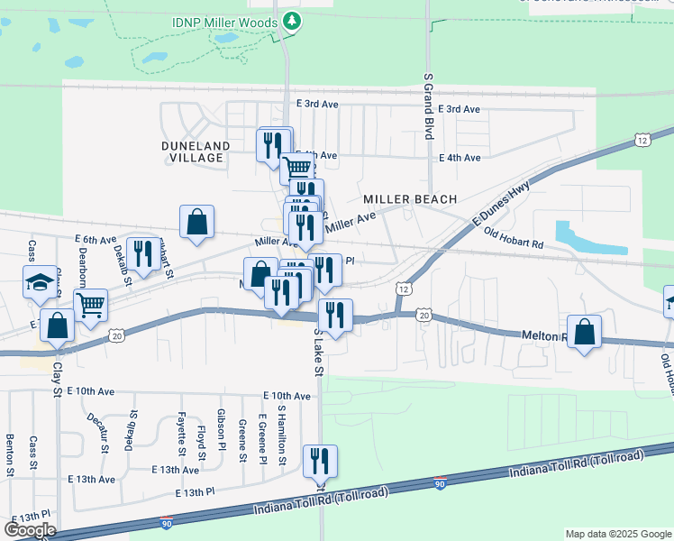 map of restaurants, bars, coffee shops, grocery stores, and more near 6048 East Dunes Highway in Gary