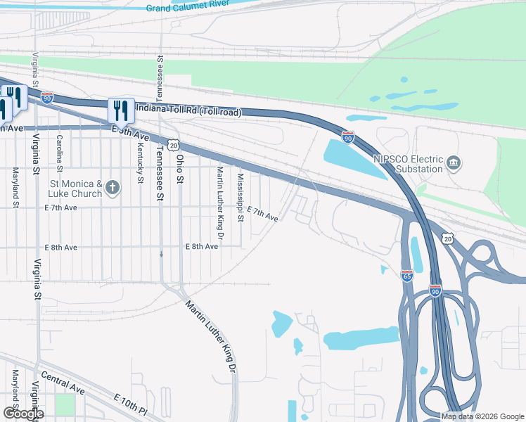 map of restaurants, bars, coffee shops, grocery stores, and more near 1653 East 7th Avenue in Gary