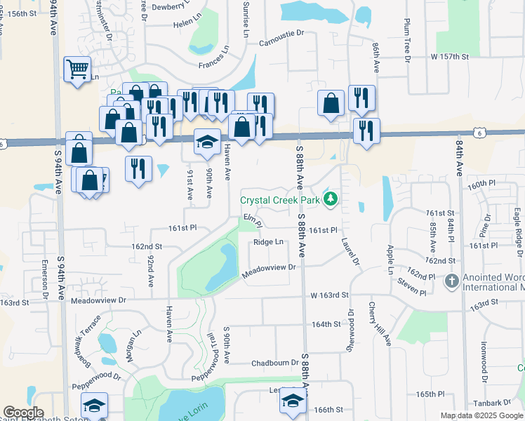 map of restaurants, bars, coffee shops, grocery stores, and more near 8930 Cedarwood Drive in Tinley Park
