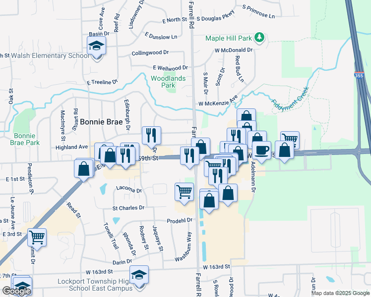 map of restaurants, bars, coffee shops, grocery stores, and more near 1316 East 159th Street in Lockport