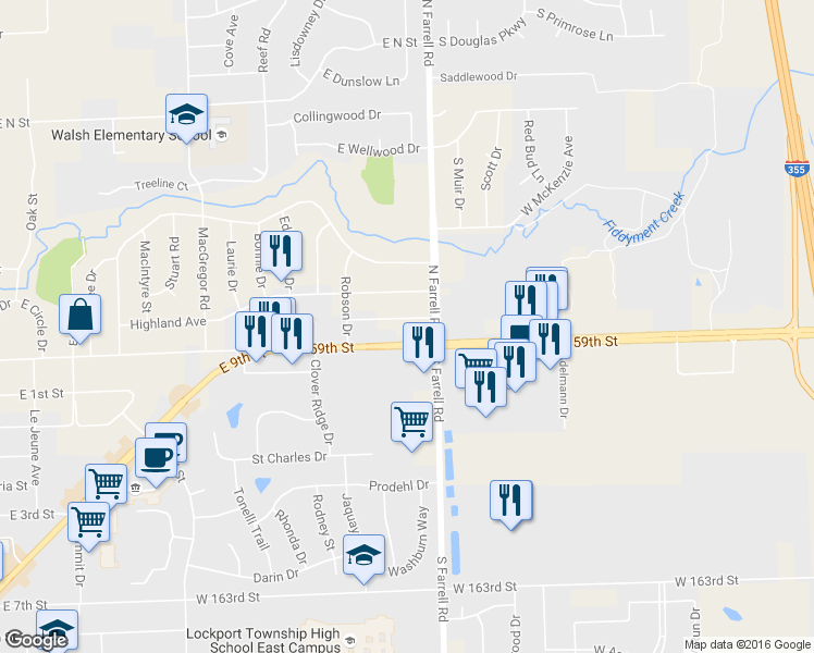 map of restaurants, bars, coffee shops, grocery stores, and more near 1316 East 159th Street in Lockport