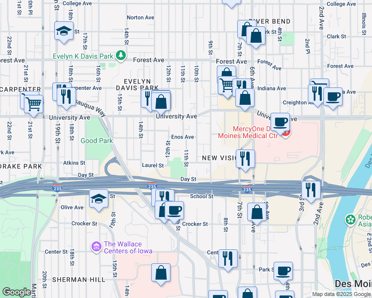 map of restaurants, bars, coffee shops, grocery stores, and more near 1118 11th Street in Des Moines