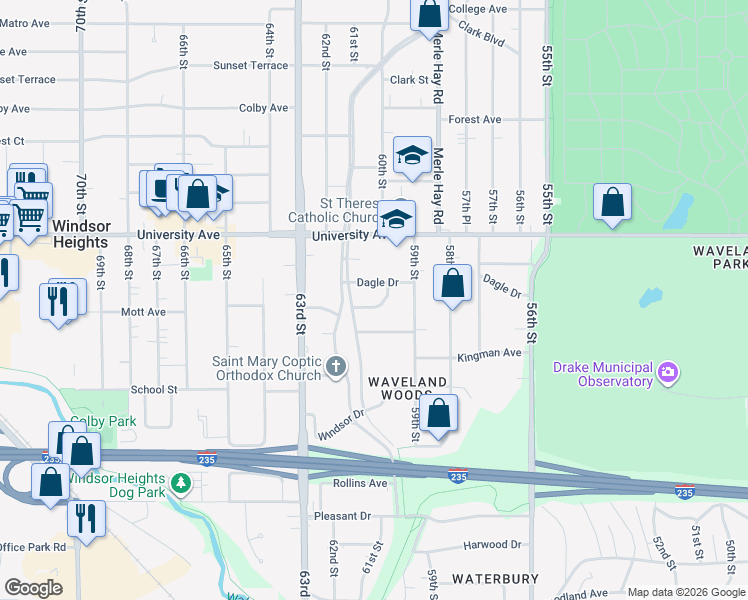 map of restaurants, bars, coffee shops, grocery stores, and more near 6004 Cottage Drive in Des Moines