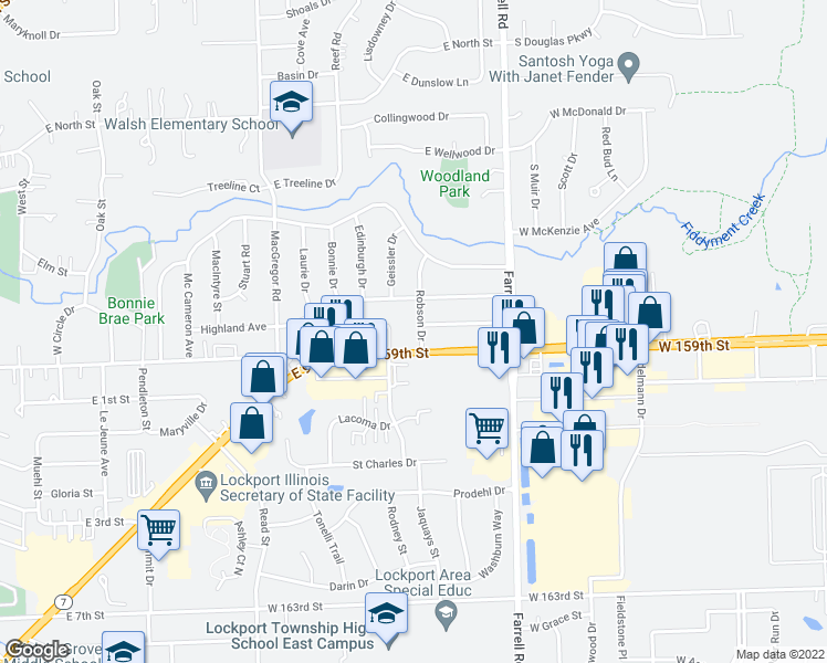 map of restaurants, bars, coffee shops, grocery stores, and more near 1240 Thornton Street in Lockport