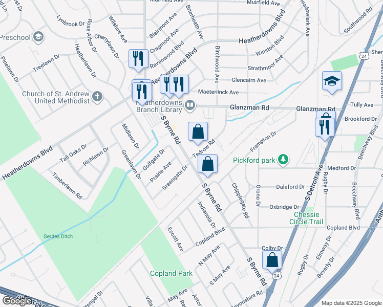 map of restaurants, bars, coffee shops, grocery stores, and more near 2266 Tedrow Road in Toledo