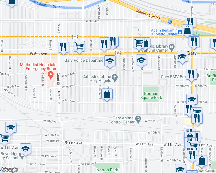 map of restaurants, bars, coffee shops, grocery stores, and more near Polk Street & West 7th Avenue in Gary