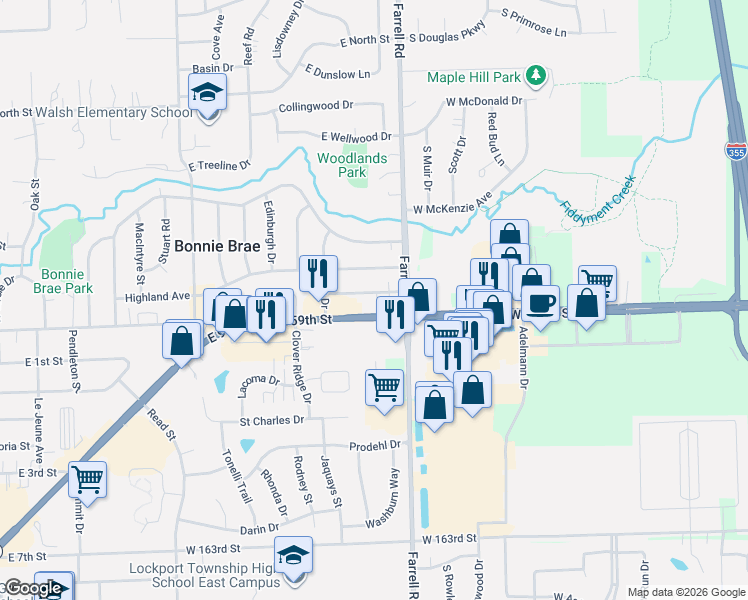 map of restaurants, bars, coffee shops, grocery stores, and more near 1316 East 159th Street in Lockport