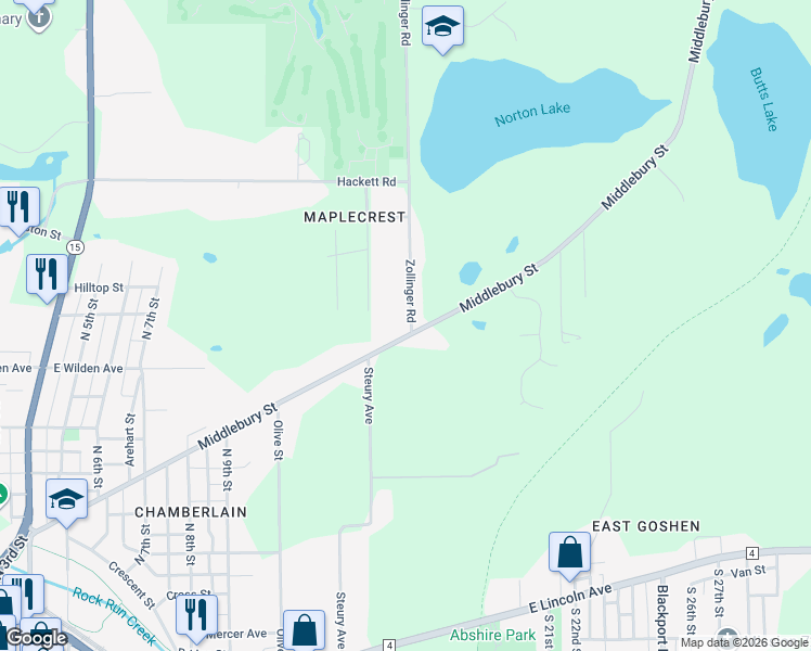map of restaurants, bars, coffee shops, grocery stores, and more near 801 Zollinger Road in Goshen