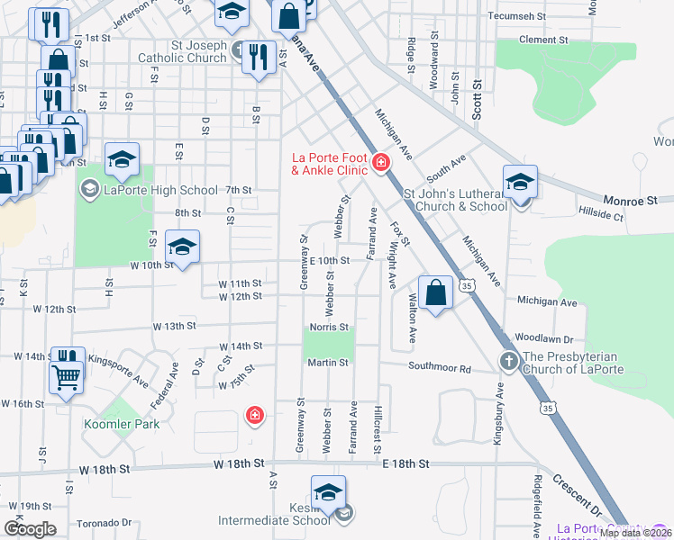 map of restaurants, bars, coffee shops, grocery stores, and more near 1003 Webber Street in La Porte