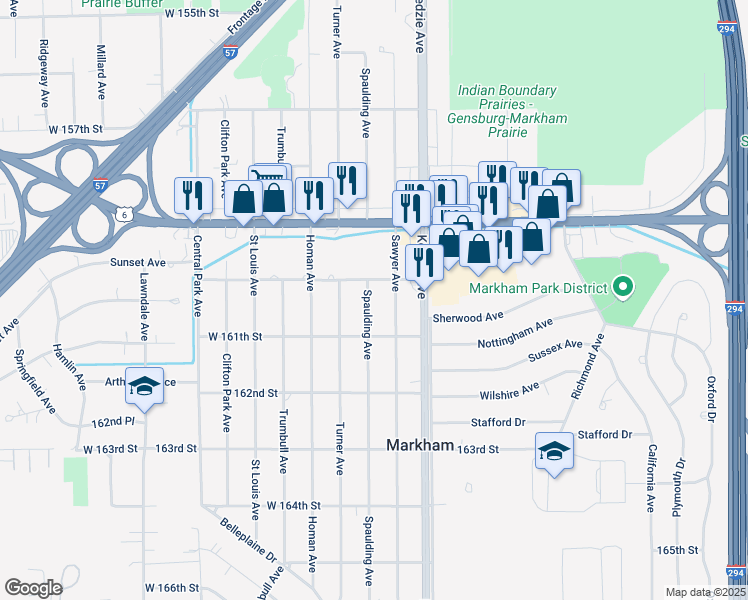 map of restaurants, bars, coffee shops, grocery stores, and more near 16015 Spaulding Avenue in Markham