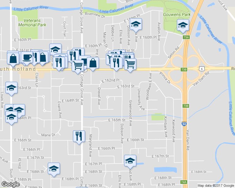 map of restaurants, bars, coffee shops, grocery stores, and more near 1006 East 163rd Street in South Holland