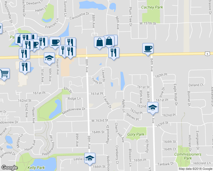 map of restaurants, bars, coffee shops, grocery stores, and more near 16049 Laurel Drive in Orland Park
