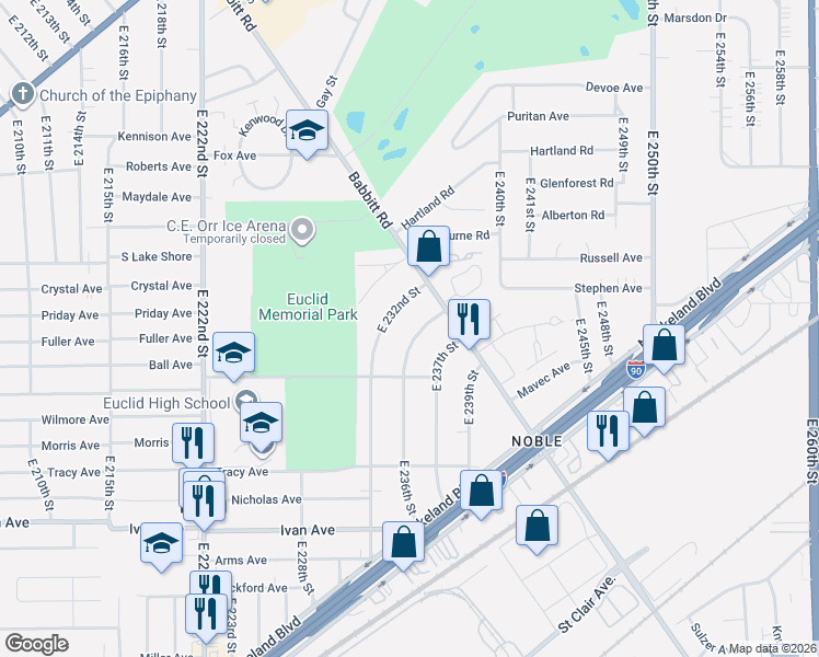 map of restaurants, bars, coffee shops, grocery stores, and more near 760 East 236th Street in Euclid