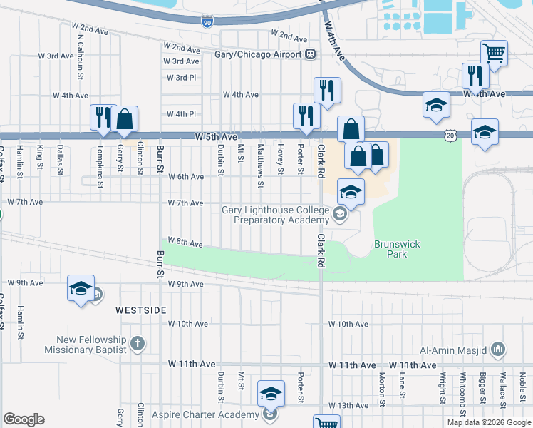 map of restaurants, bars, coffee shops, grocery stores, and more near 735 Matthews Street in Gary