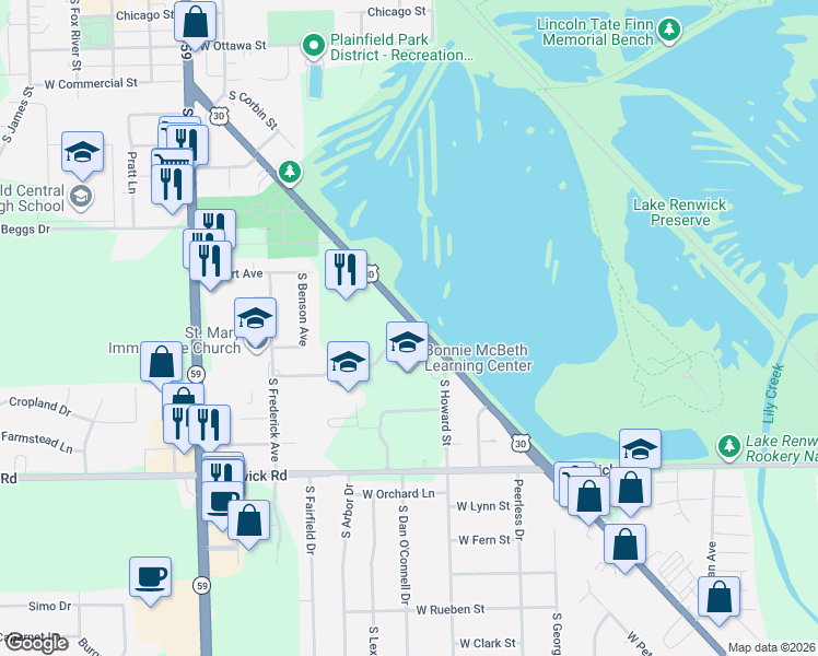 map of restaurants, bars, coffee shops, grocery stores, and more near 23804 West Getson Avenue in Plainfield