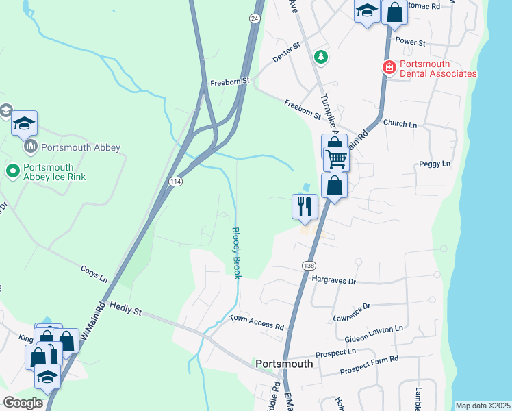 map of restaurants, bars, coffee shops, grocery stores, and more near 125 Quaker Hill Lane in Portsmouth