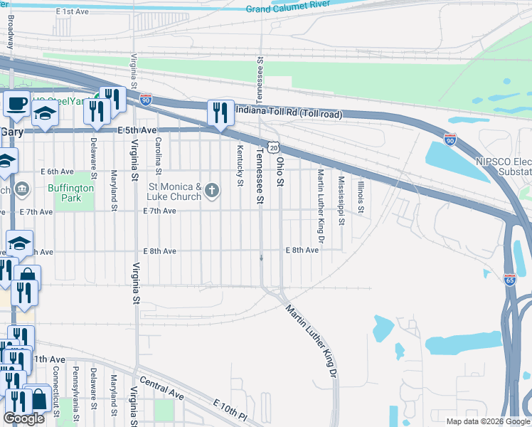 map of restaurants, bars, coffee shops, grocery stores, and more near 716 Tennessee Street in Gary