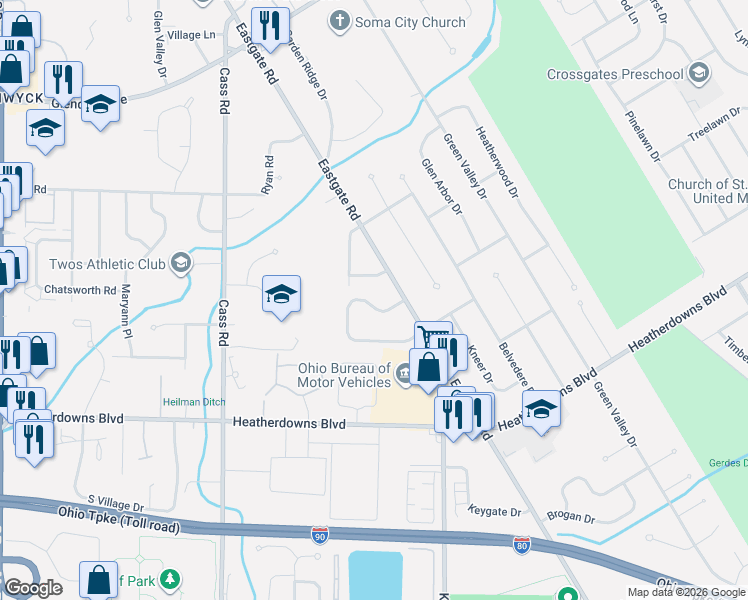 map of restaurants, bars, coffee shops, grocery stores, and more near 4355 North Watercrest Drive in Toledo