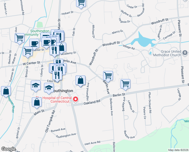 map of restaurants, bars, coffee shops, grocery stores, and more near 208-210 Berlin Avenue in Southington