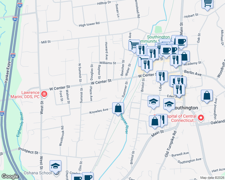 map of restaurants, bars, coffee shops, grocery stores, and more near 20 Wolf Hill Road in Southington