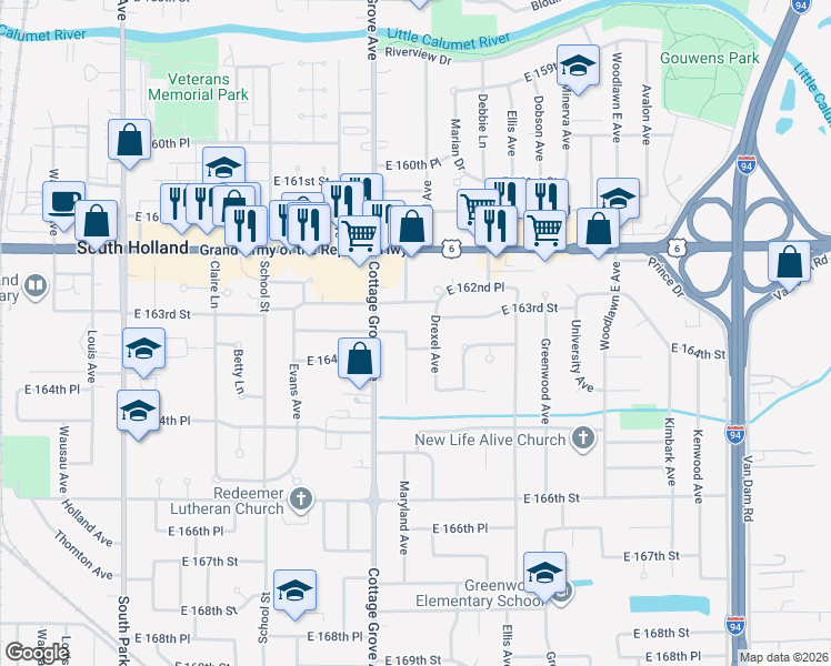 map of restaurants, bars, coffee shops, grocery stores, and more near 16321 Maryland Avenue in South Holland