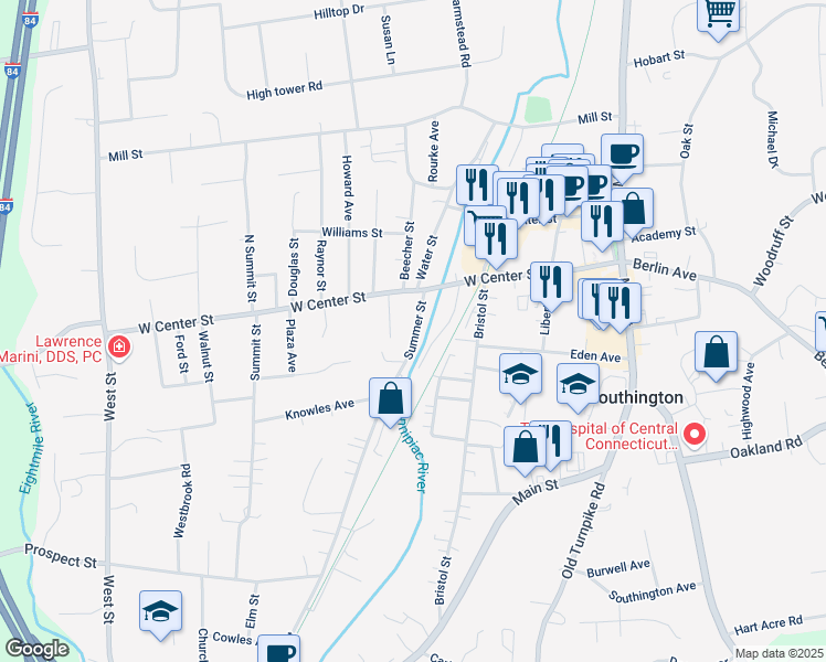 map of restaurants, bars, coffee shops, grocery stores, and more near 72 Summer Street in Southington