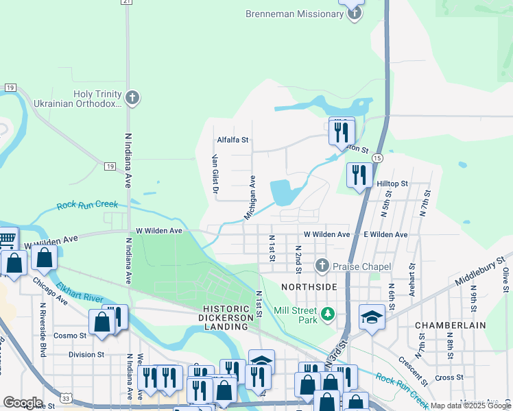 map of restaurants, bars, coffee shops, grocery stores, and more near 930 Michigan Avenue in Goshen