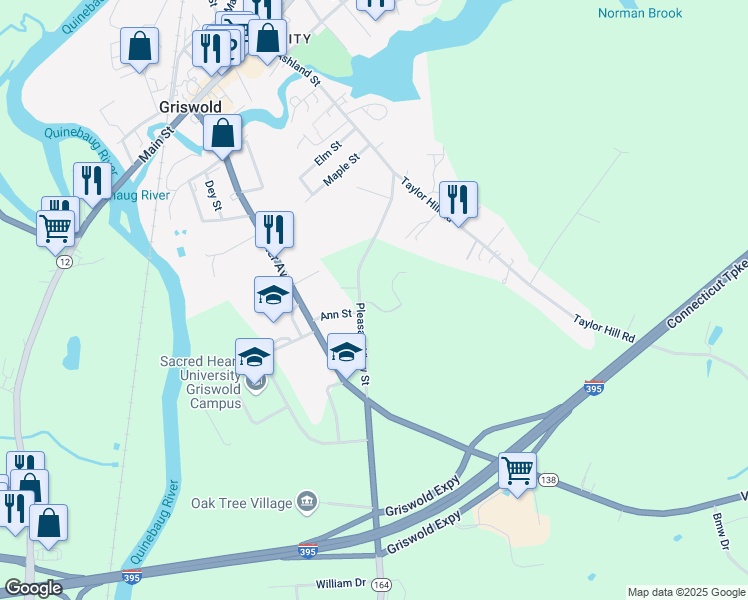 map of restaurants, bars, coffee shops, grocery stores, and more near 122 Pleasant View Street in Griswold