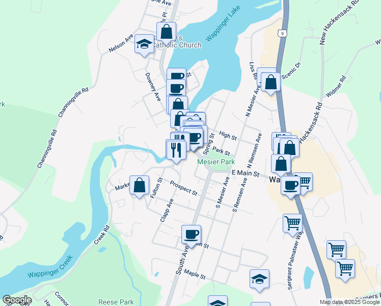 map of restaurants, bars, coffee shops, grocery stores, and more near 28 Market Street in Wappingers Falls
