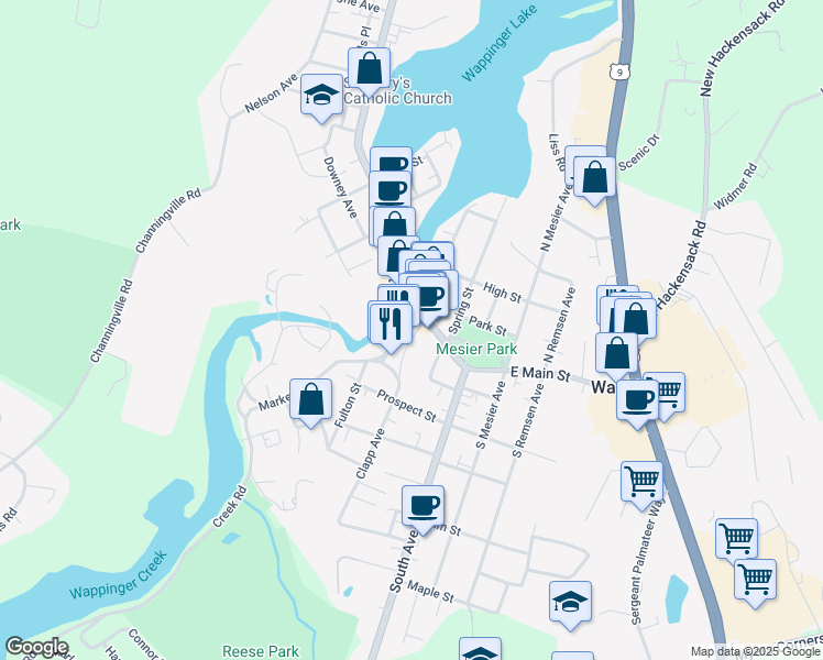 map of restaurants, bars, coffee shops, grocery stores, and more near 28 Market Street in Wappingers Falls