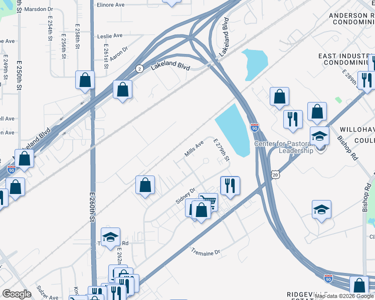 map of restaurants, bars, coffee shops, grocery stores, and more near 27650 Mills Avenue in Euclid