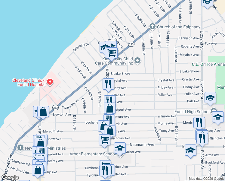 map of restaurants, bars, coffee shops, grocery stores, and more near 317 East 200th Street in Cleveland