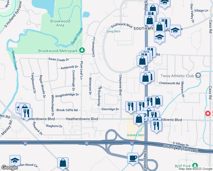 map of restaurants, bars, coffee shops, grocery stores, and more near 2224 Rockspring Road in Toledo