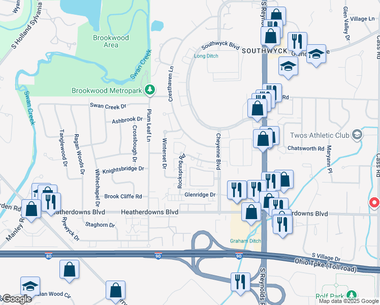 map of restaurants, bars, coffee shops, grocery stores, and more near 2311 Rockspring Road in Toledo