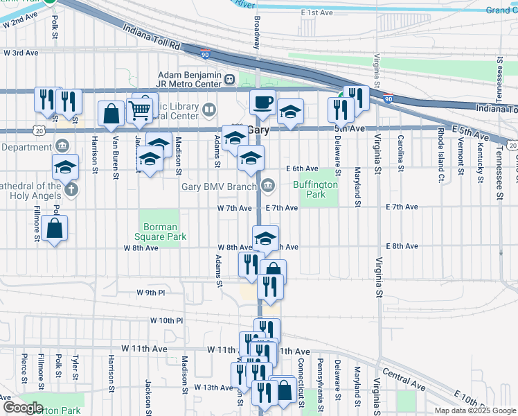 map of restaurants, bars, coffee shops, grocery stores, and more near 716 Broadway in Gary